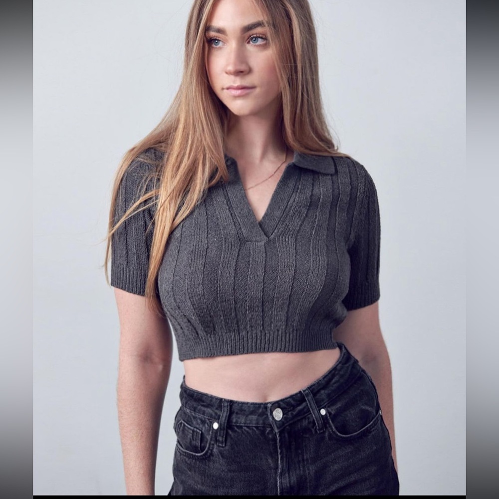 Hespherus ribbed cropped sweater polo top charcoal gray Women’s XL